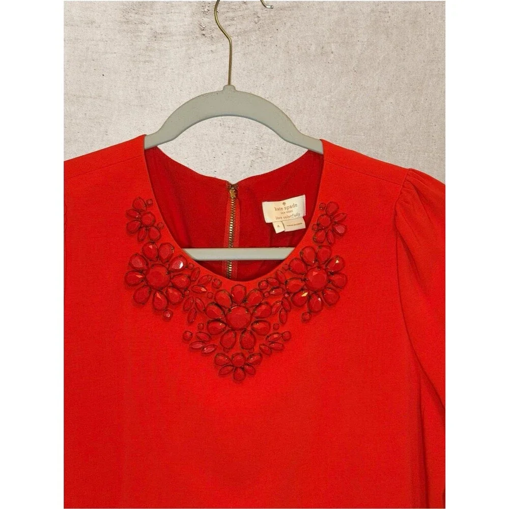 Kate Spade NY Live Colorfully Red Jewel Embellished Neckline Blouse 3/4 Sleeve 4